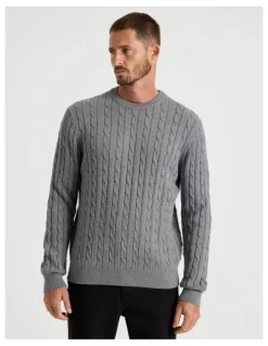 Basque Crew Neck Cable Knit Sweater in Grey Marle