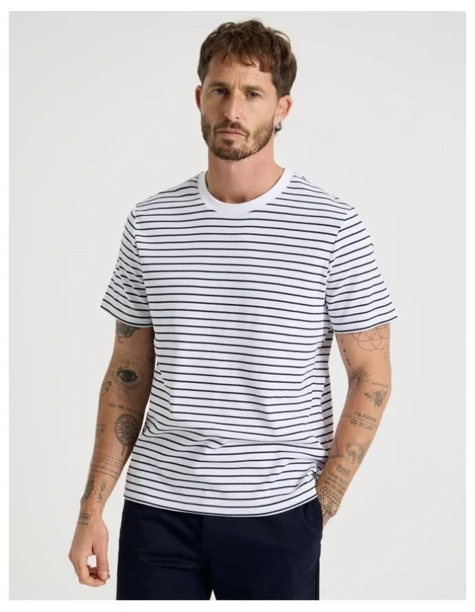 Basque Crew Neck T-Shirt in White Stripe