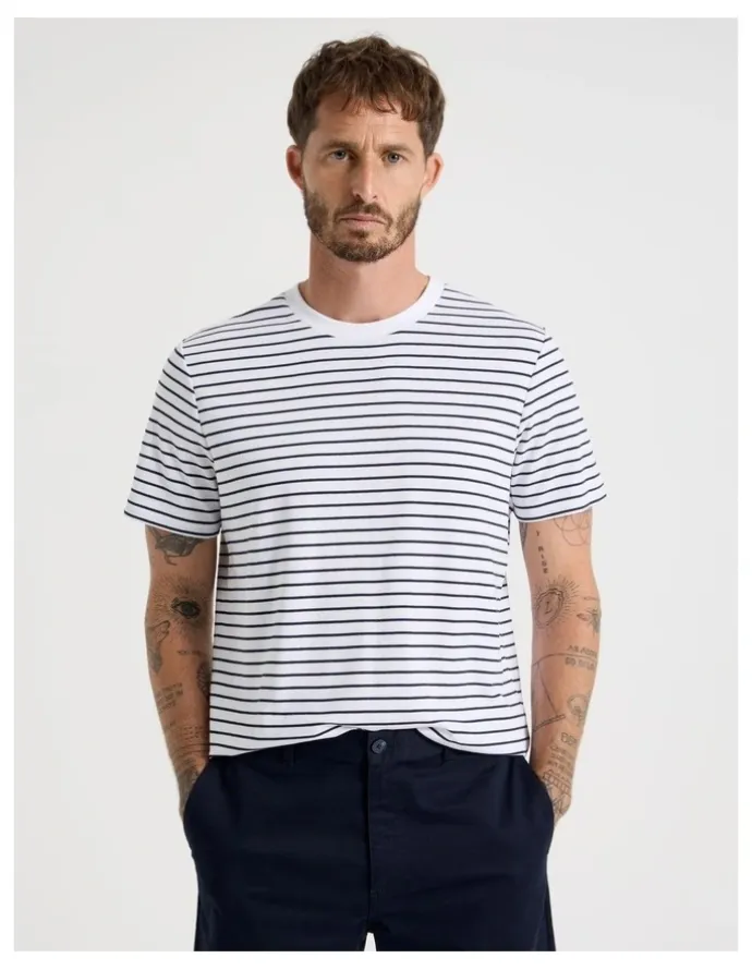 Basque Crew Neck T-Shirt in White Stripe