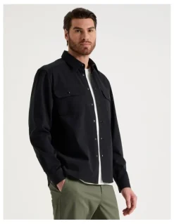 Basque Drill Overshirt With Stud Buttons in Black