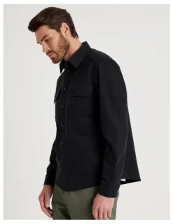 Basque Drill Overshirt With Stud Buttons in Black