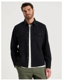 Basque Drill Overshirt With Stud Buttons in Black