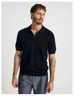 Basque Horizontal Knit Polo in Navy