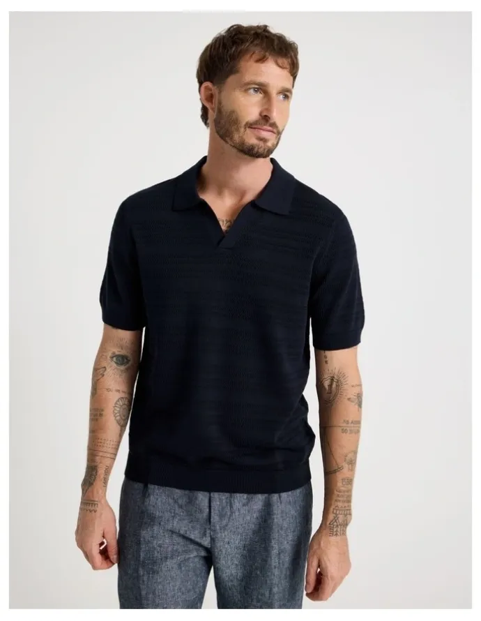 Basque Horizontal Knit Polo in Navy