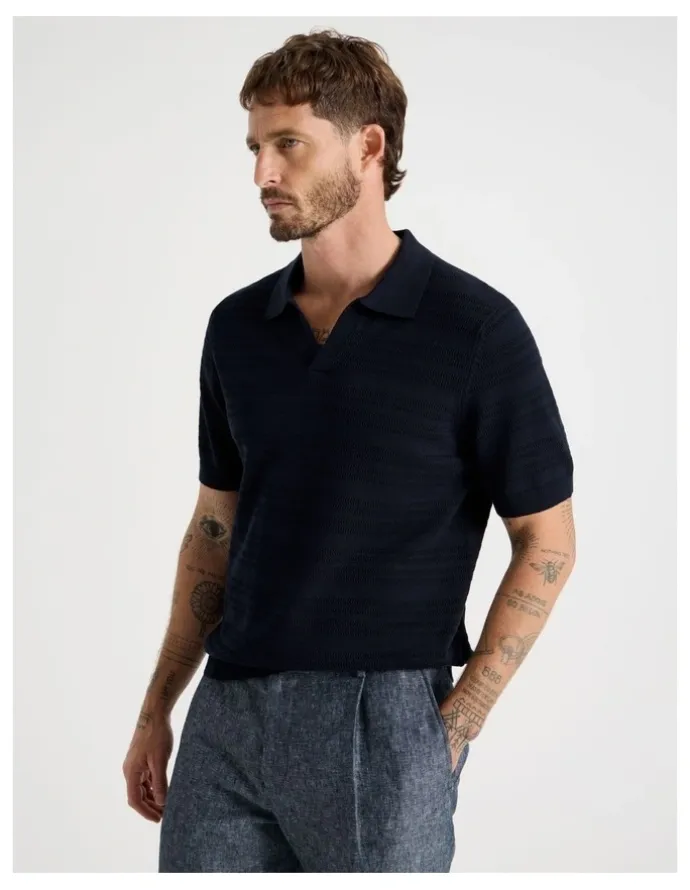 Basque Horizontal Knit Polo in Navy