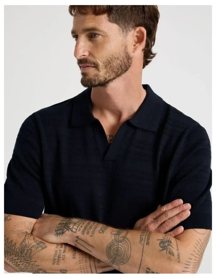Basque Horizontal Knit Polo in Navy
