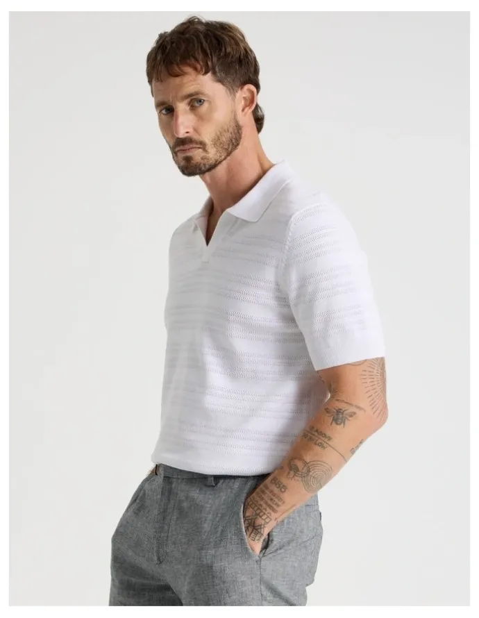 Basque Horizontal Knit Polo in White