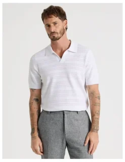 Basque Horizontal Knit Polo in White