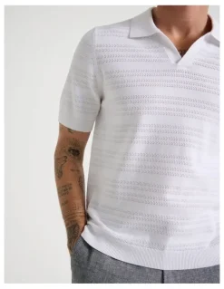 Basque Horizontal Knit Polo in White