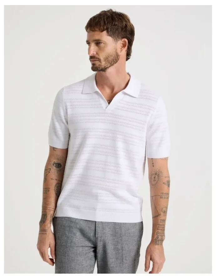 Basque Horizontal Knit Polo in White