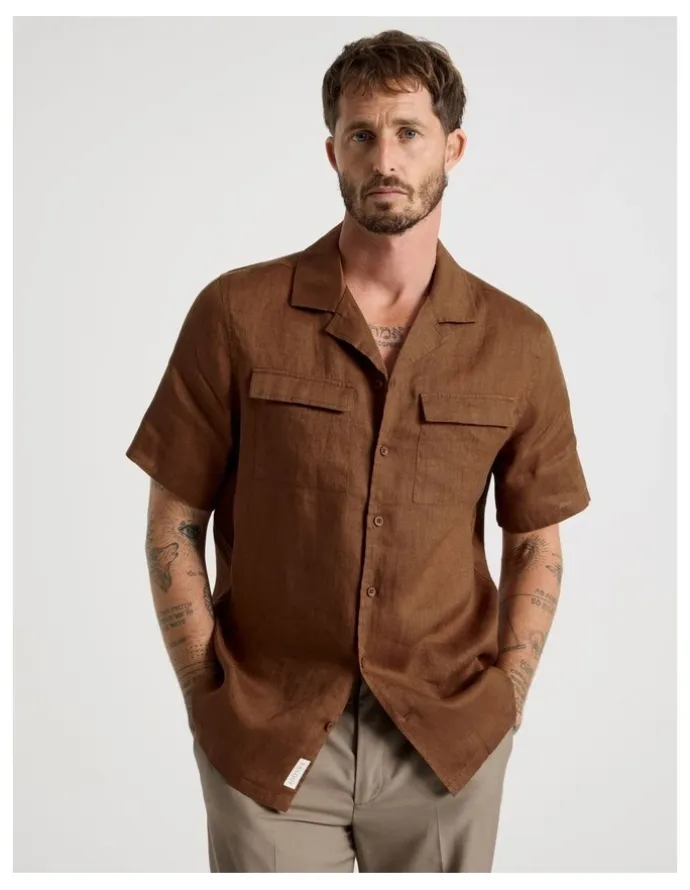 Basque Linen Safari Shirt in Brown