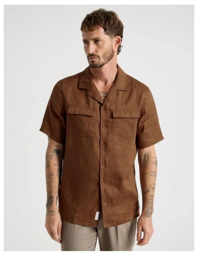 Basque Linen Safari Shirt in Brown