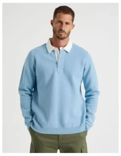 Basque Long Sleeve Knit Rugby Polo in Light Blue
