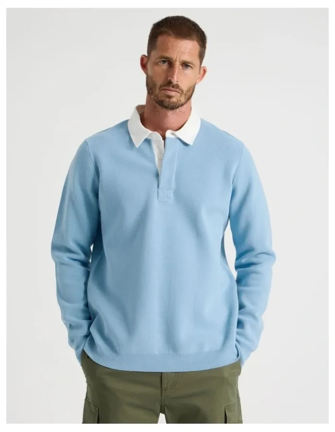 Basque Long Sleeve Knit Rugby Polo in Light Blue