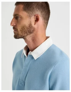 Basque Long Sleeve Knit Rugby Polo in Light Blue