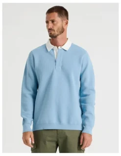 Basque Long Sleeve Knit Rugby Polo in Light Blue
