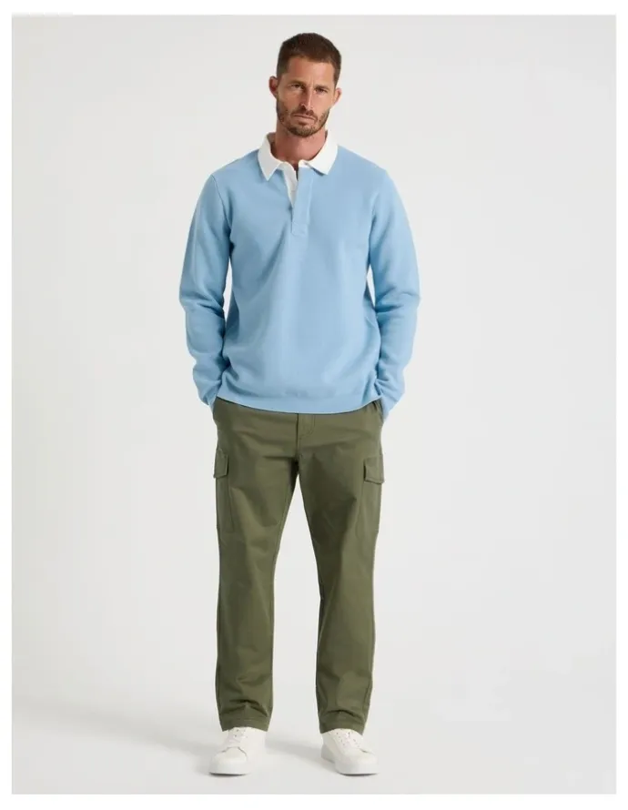 Basque Long Sleeve Knit Rugby Polo in Light Blue