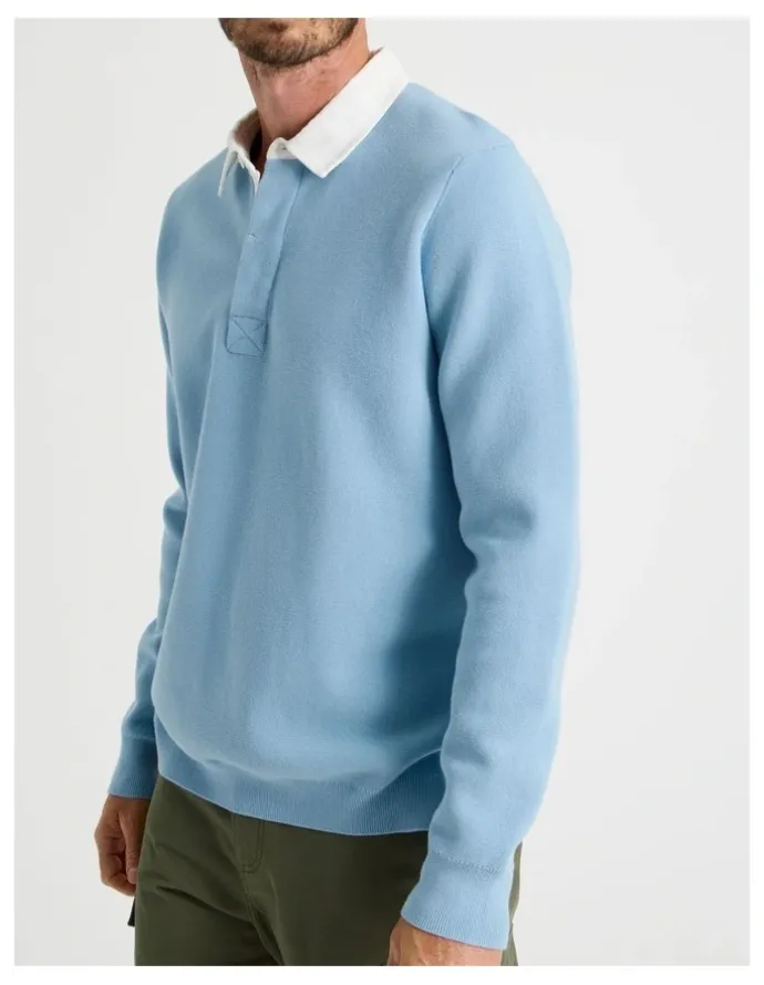 Basque Long Sleeve Knit Rugby Polo in Light Blue