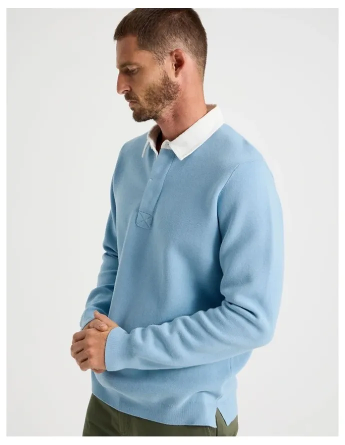Basque Long Sleeve Knit Rugby Polo in Light Blue