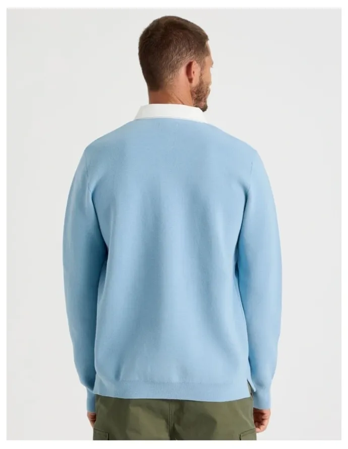Basque Long Sleeve Knit Rugby Polo in Light Blue
