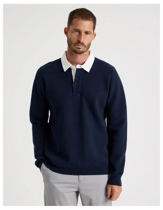 Basque Long Sleeve Knit Rugby Polo in Navy