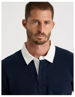 Basque Long Sleeve Knit Rugby Polo in Navy