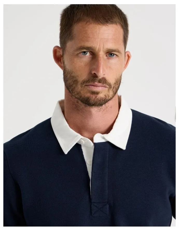 Basque Long Sleeve Knit Rugby Polo in Navy