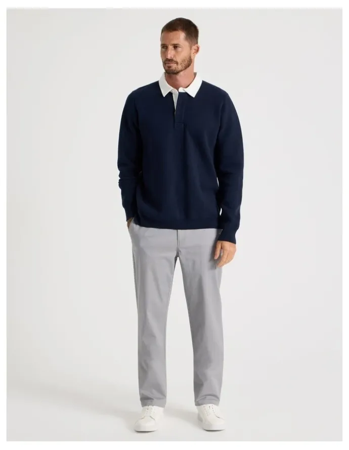 Basque Long Sleeve Knit Rugby Polo in Navy