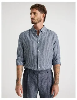 Basque Long Sleeve Linen Shirt in Indigo Stripe