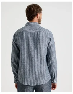Basque Long Sleeve Linen Shirt in Indigo Stripe