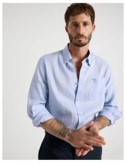 Basque Long Sleeve Linen Shirt in Blue