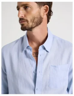 Basque Long Sleeve Linen Shirt in Blue