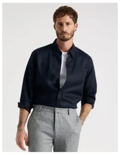 Basque Long Sleeve Linen Shirt in Navy