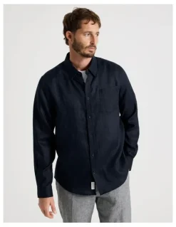 Basque Long Sleeve Linen Shirt in Navy