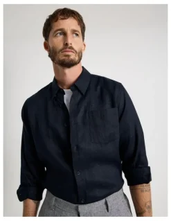 Basque Long Sleeve Linen Shirt in Navy