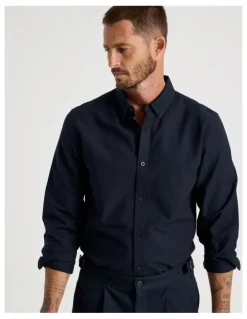 Basque Long Sleeve Oxford Shirt in Navy