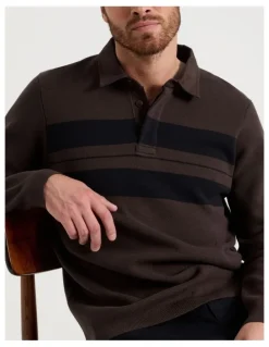 Basque Long Sleeve Striped Knit Rugby Polo in Brown