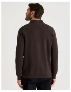 Basque Long Sleeve Striped Knit Rugby Polo in Brown