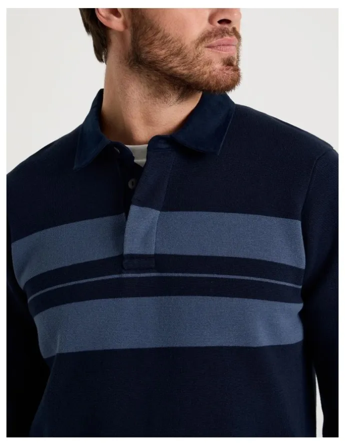 Basque Long Sleeve Striped Knit Rugby Polo in Navy