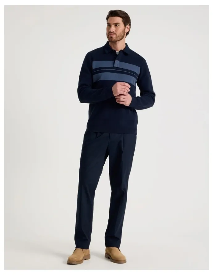 Basque Long Sleeve Striped Knit Rugby Polo in Navy