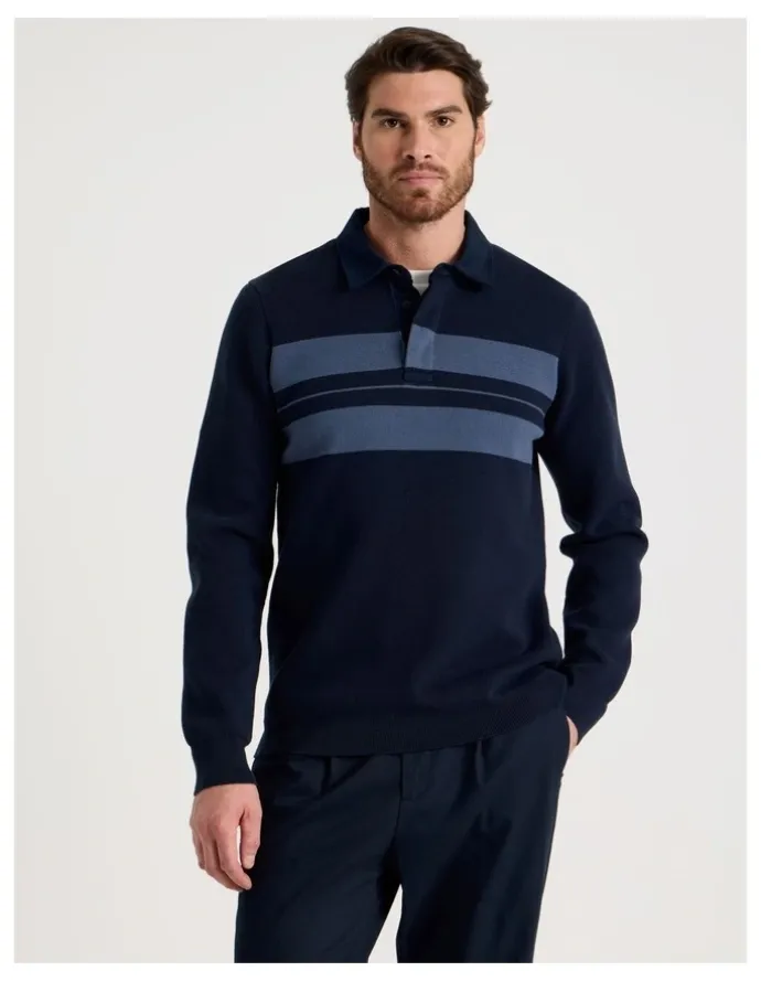 Basque Long Sleeve Striped Knit Rugby Polo in Navy