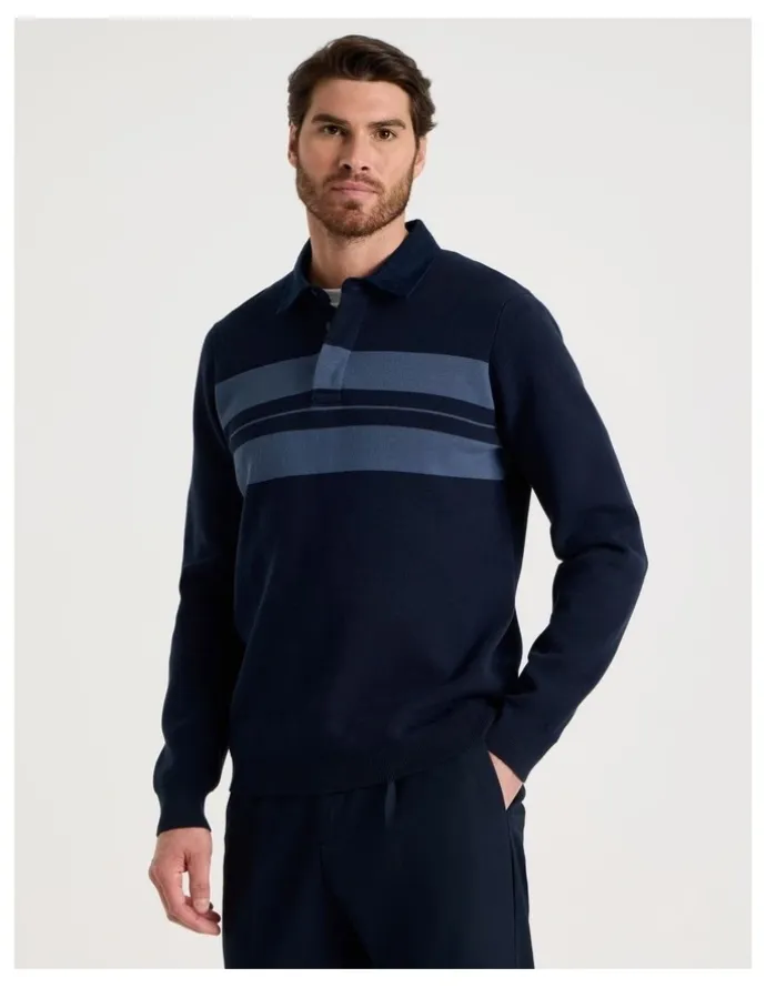 Basque Long Sleeve Striped Knit Rugby Polo in Navy