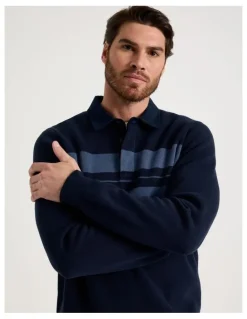 Basque Long Sleeve Striped Knit Rugby Polo in Navy