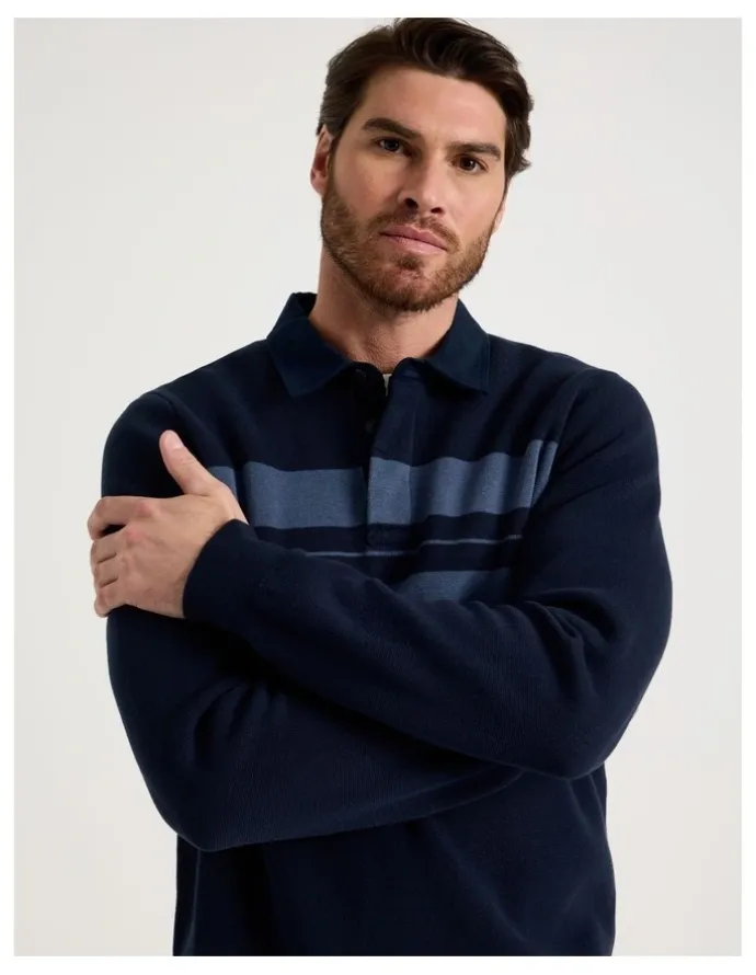 Basque Long Sleeve Striped Knit Rugby Polo in Navy