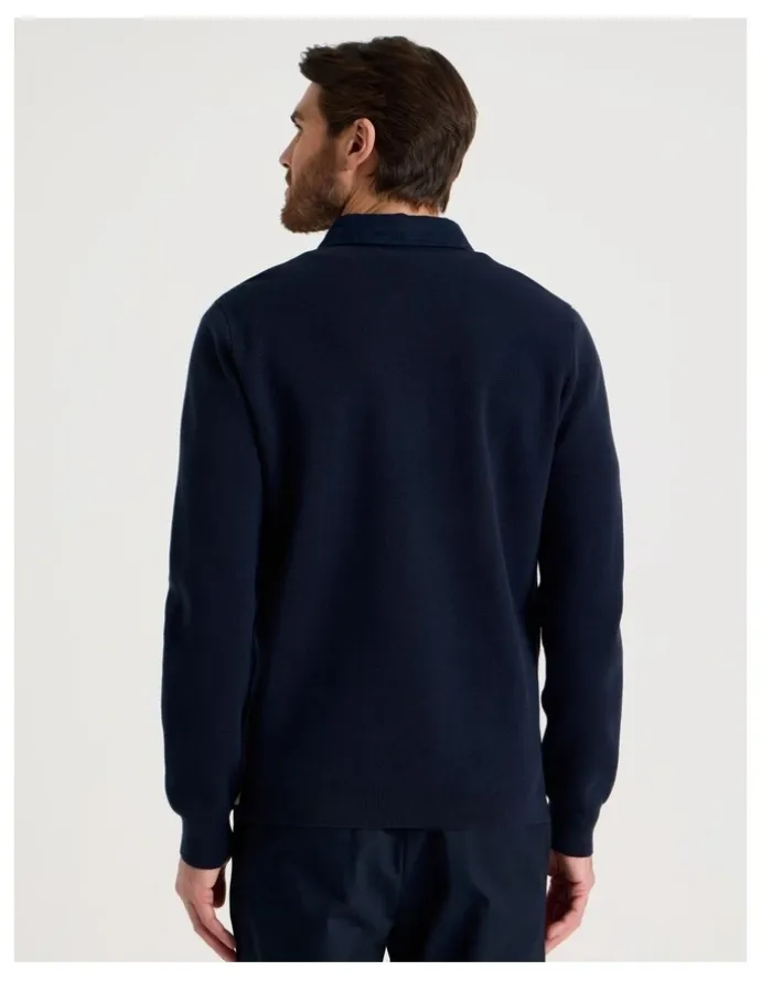 Basque Long Sleeve Striped Knit Rugby Polo in Navy