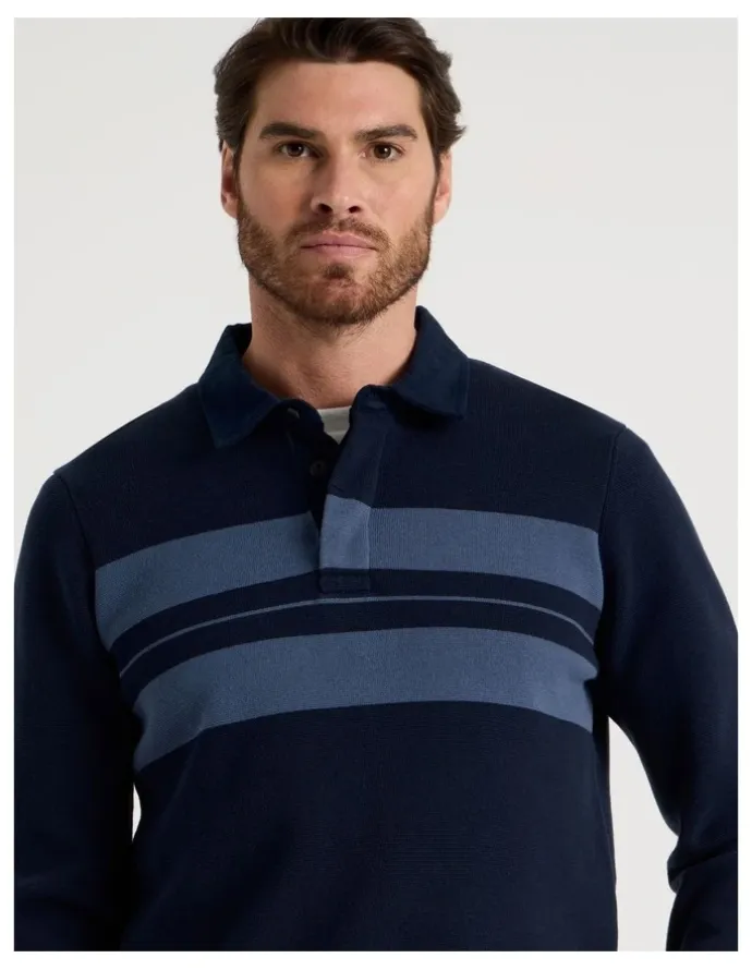 Basque Long Sleeve Striped Knit Rugby Polo in Navy