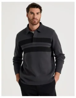 Basque Long Sleeve Striped Knit Rugby Polo in Charcoal