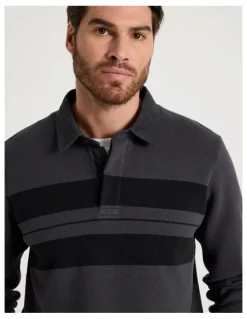 Basque Long Sleeve Striped Knit Rugby Polo in Charcoal