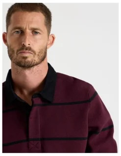 Basque Long Sleeve Striped Knit Rugby Polo in Burgundy