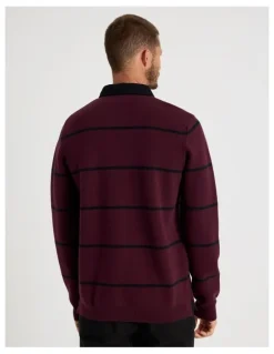 Basque Long Sleeve Striped Knit Rugby Polo in Burgundy
